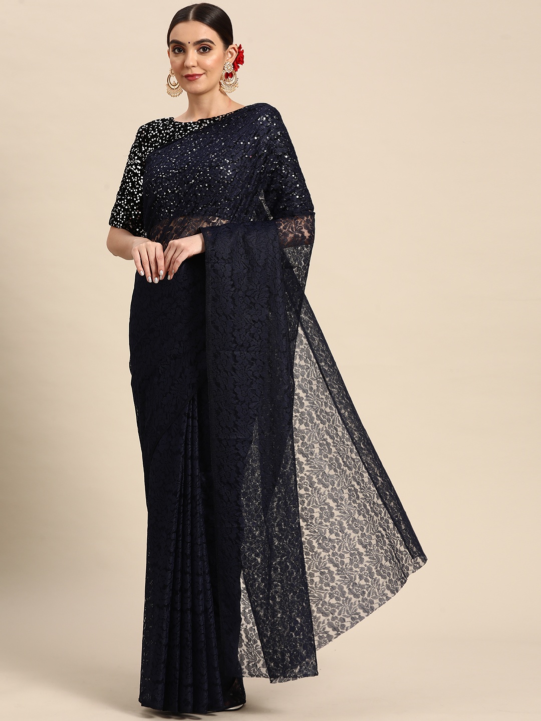 

ORUS Floral Net Saree, Navy blue