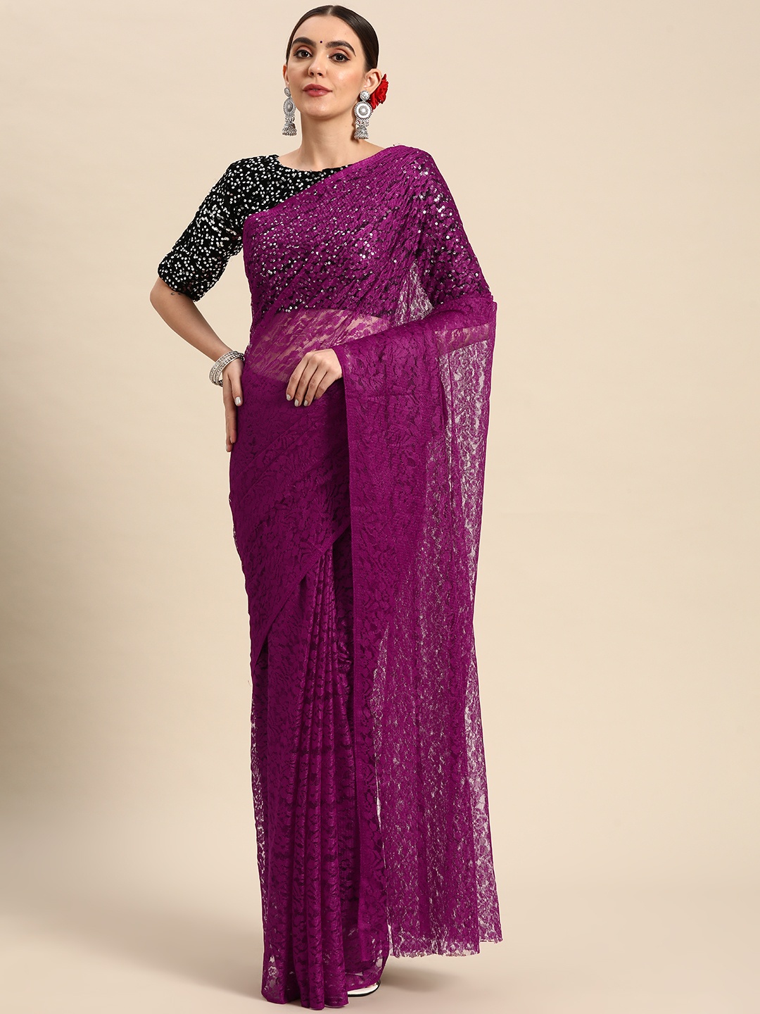 

ORUS Floral Net Saree, Purple