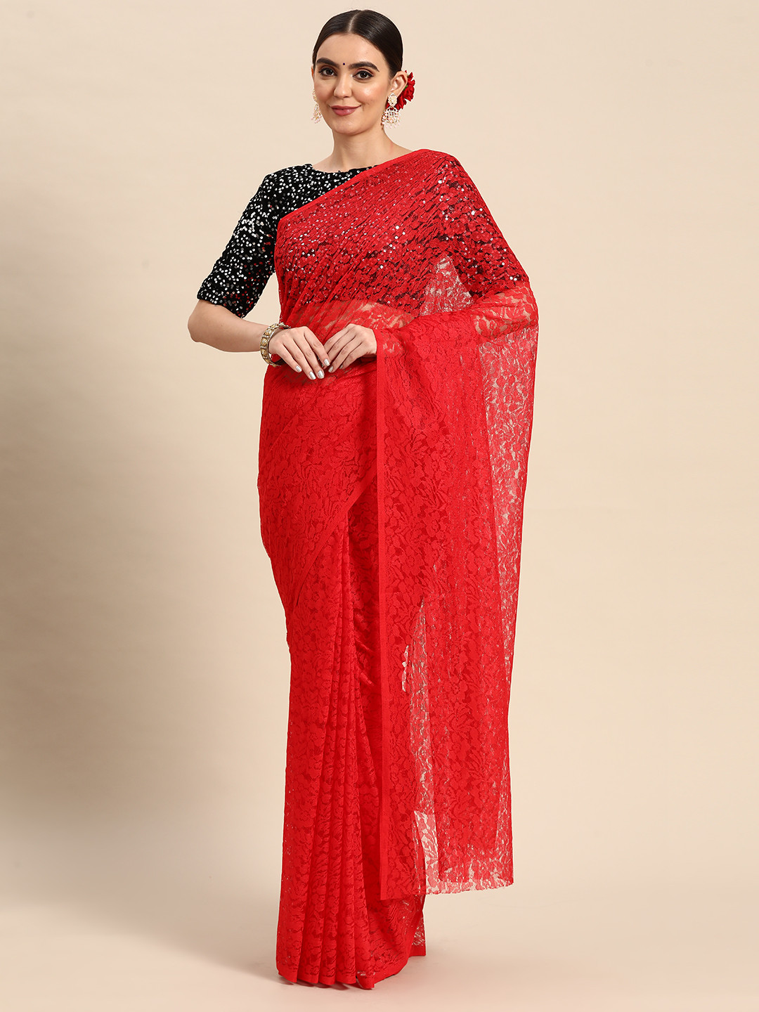 

ORUS Floral Net Saree, Red