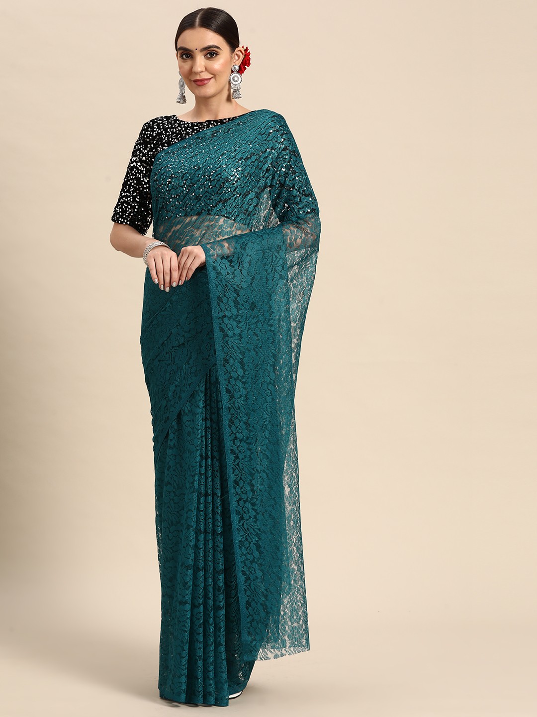

ORUS Floral Net Saree, Teal