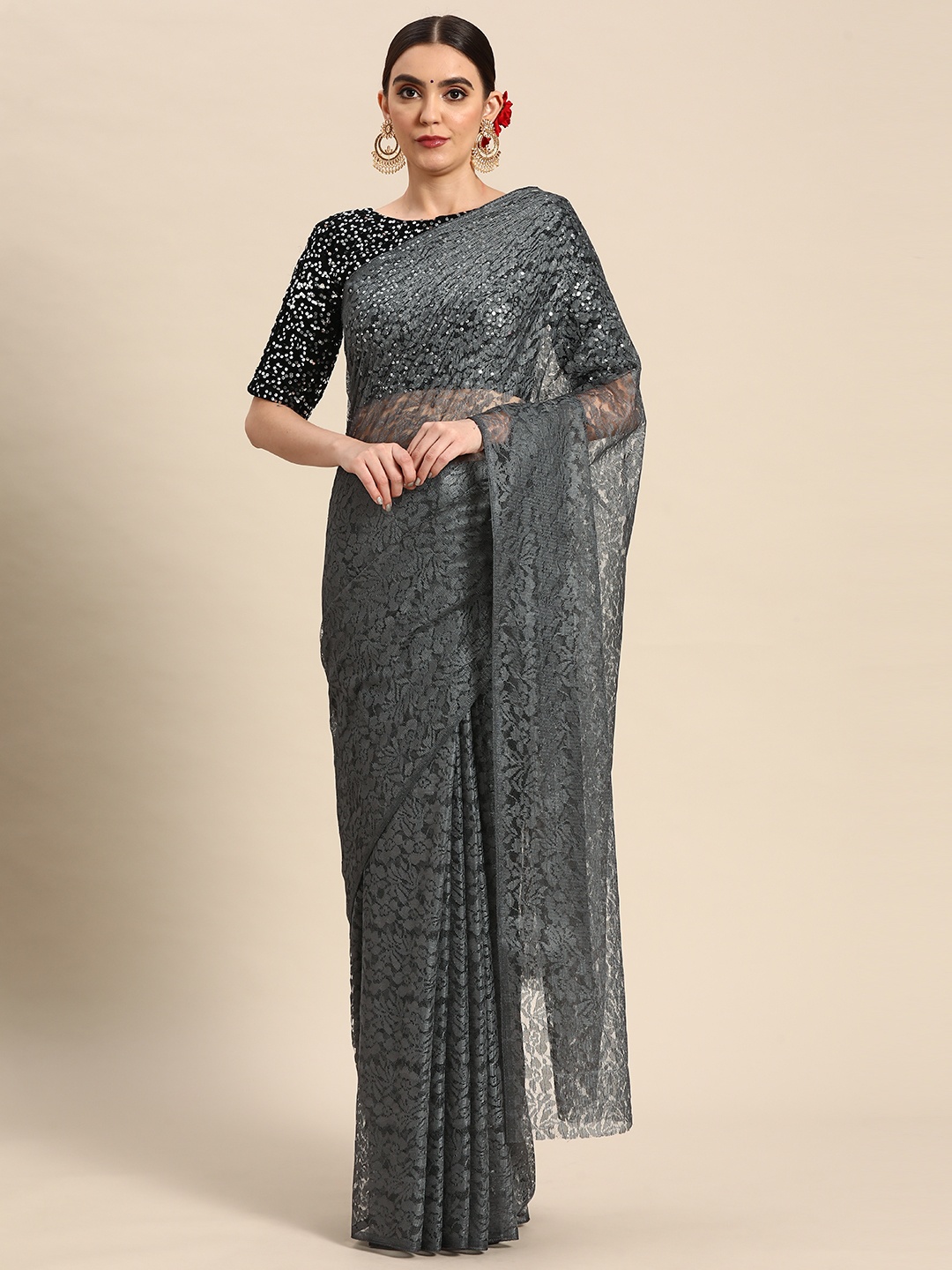 

ORUS Floral Net Saree, Grey