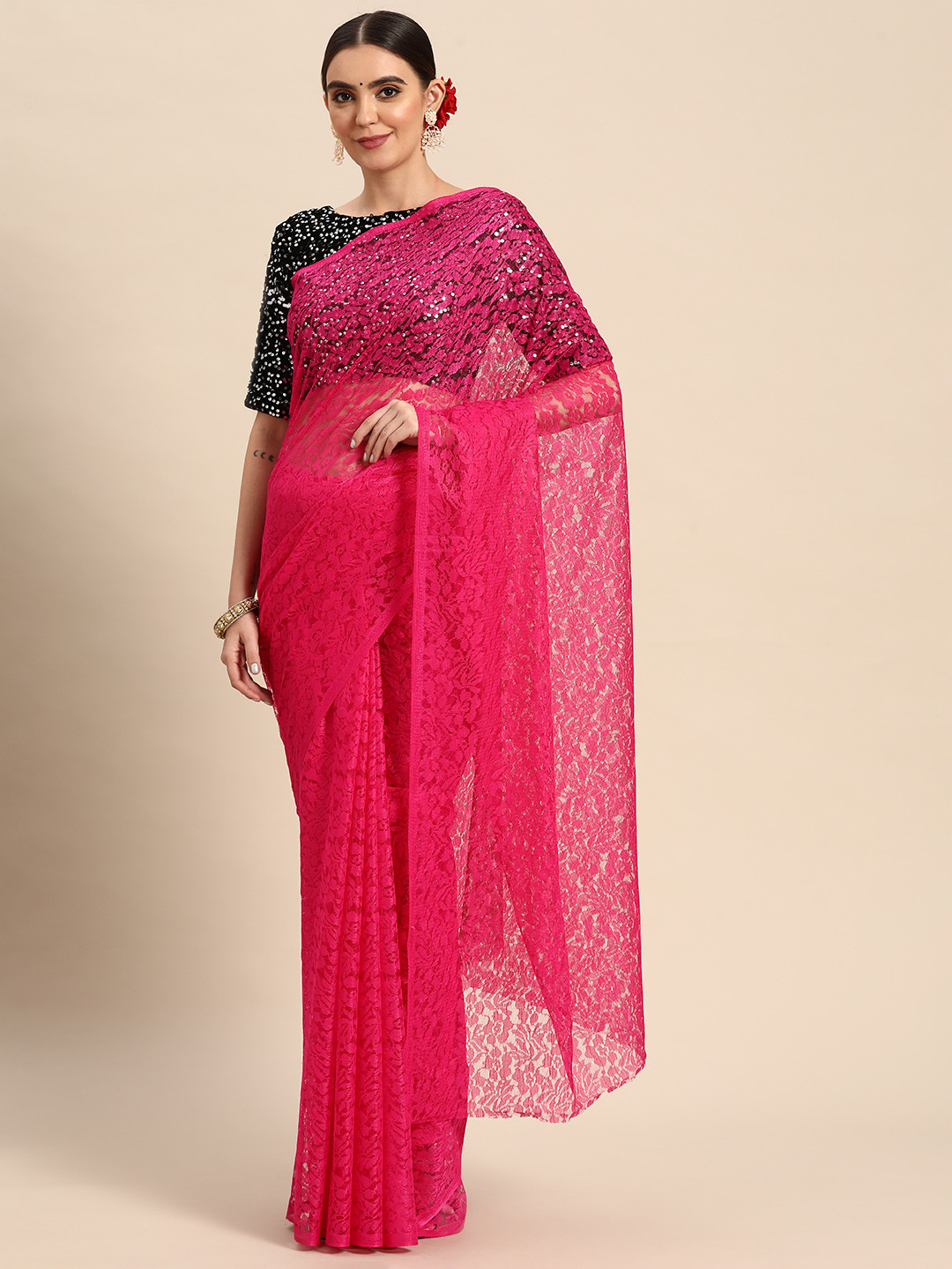 

ORUS Floral Net Saree, Magenta