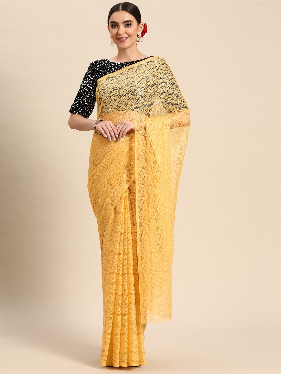 

ORUS Floral Net Saree, Yellow