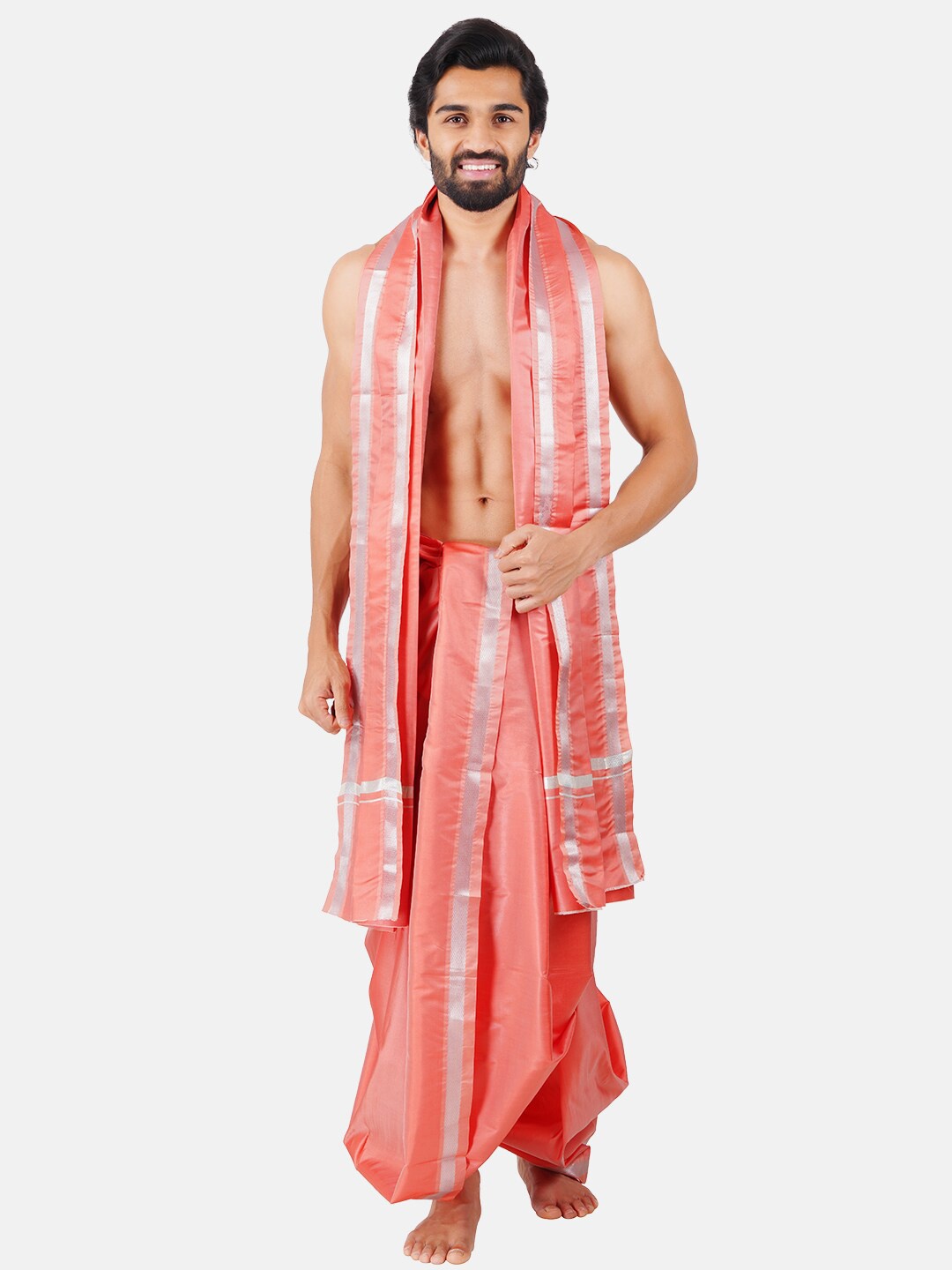 

Ramraj Panchakacham Dhoti with Angavastram Set, Pink