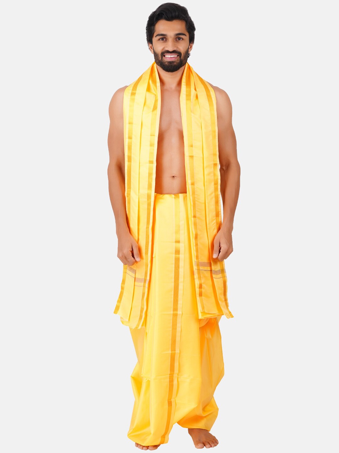 

Ramraj Art Silk Dhoti Pant With Angavastram, Yellow