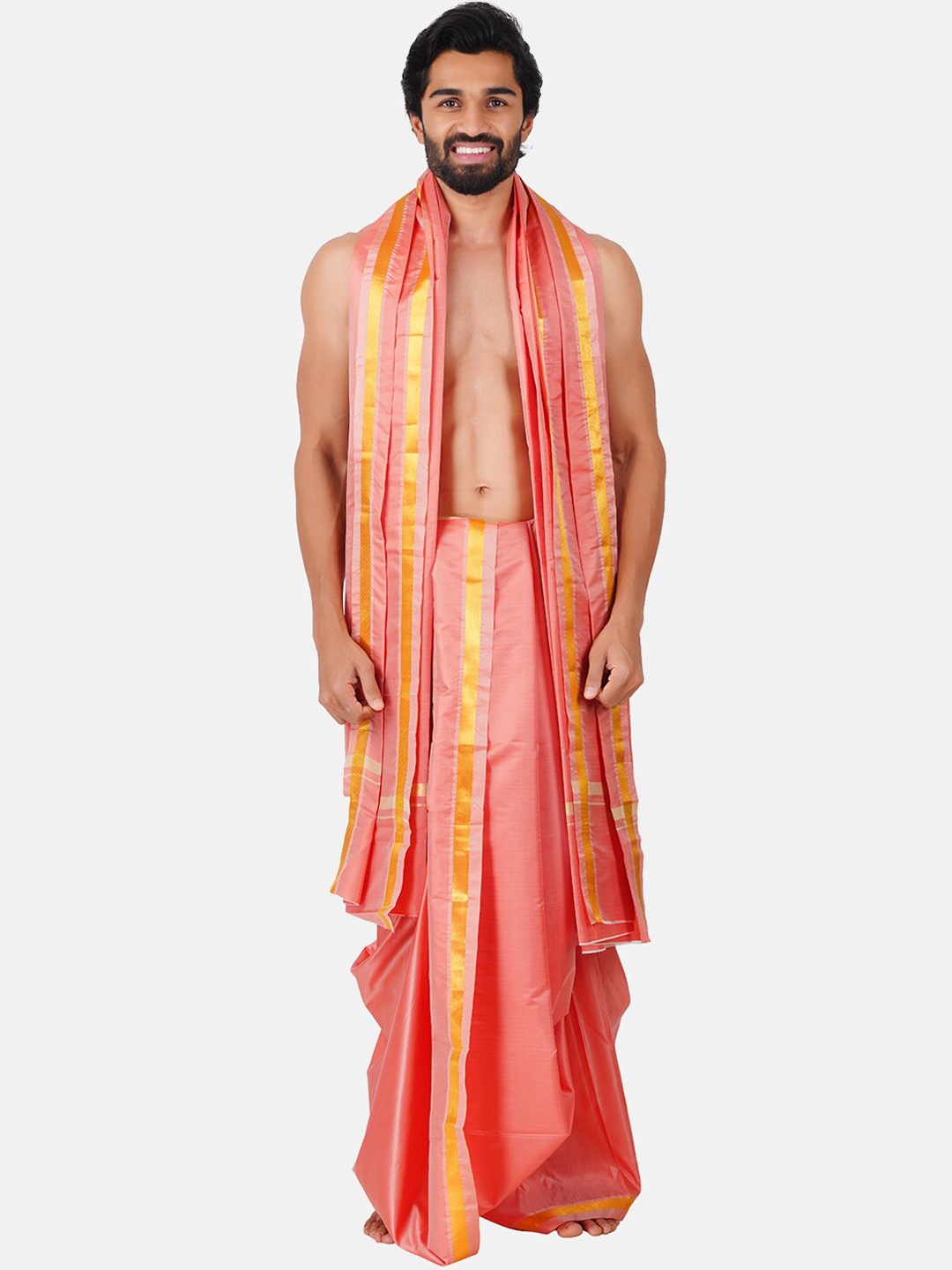 

Ramraj Art Silk Ethnic Panchakacham Dhoti With Angavastram, Pink