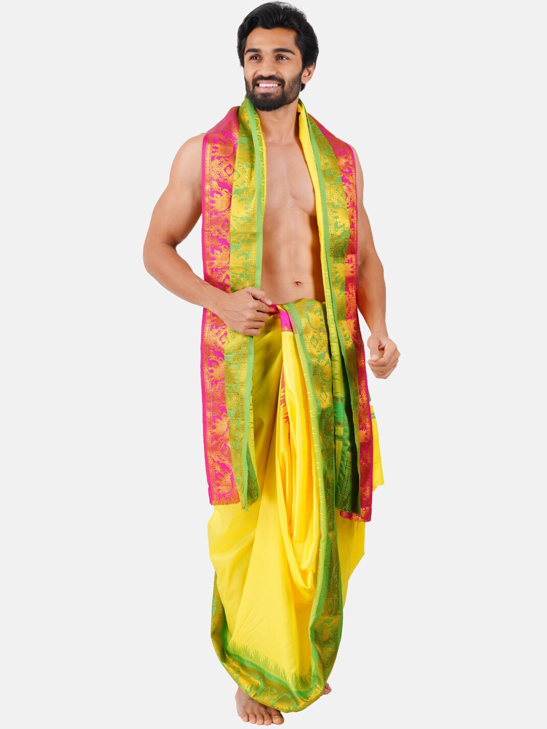 

Ramraj Art Silk Panchakacham Dhoti With Angavastram Set, Yellow