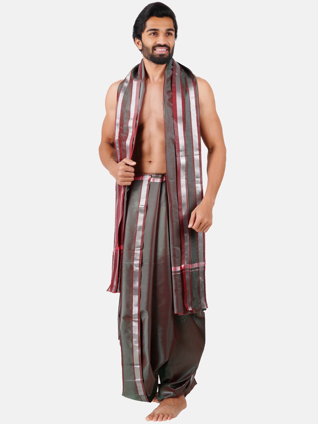 

Ramraj Art Silk Panchakacham Dhoti With Angavastram, Grey