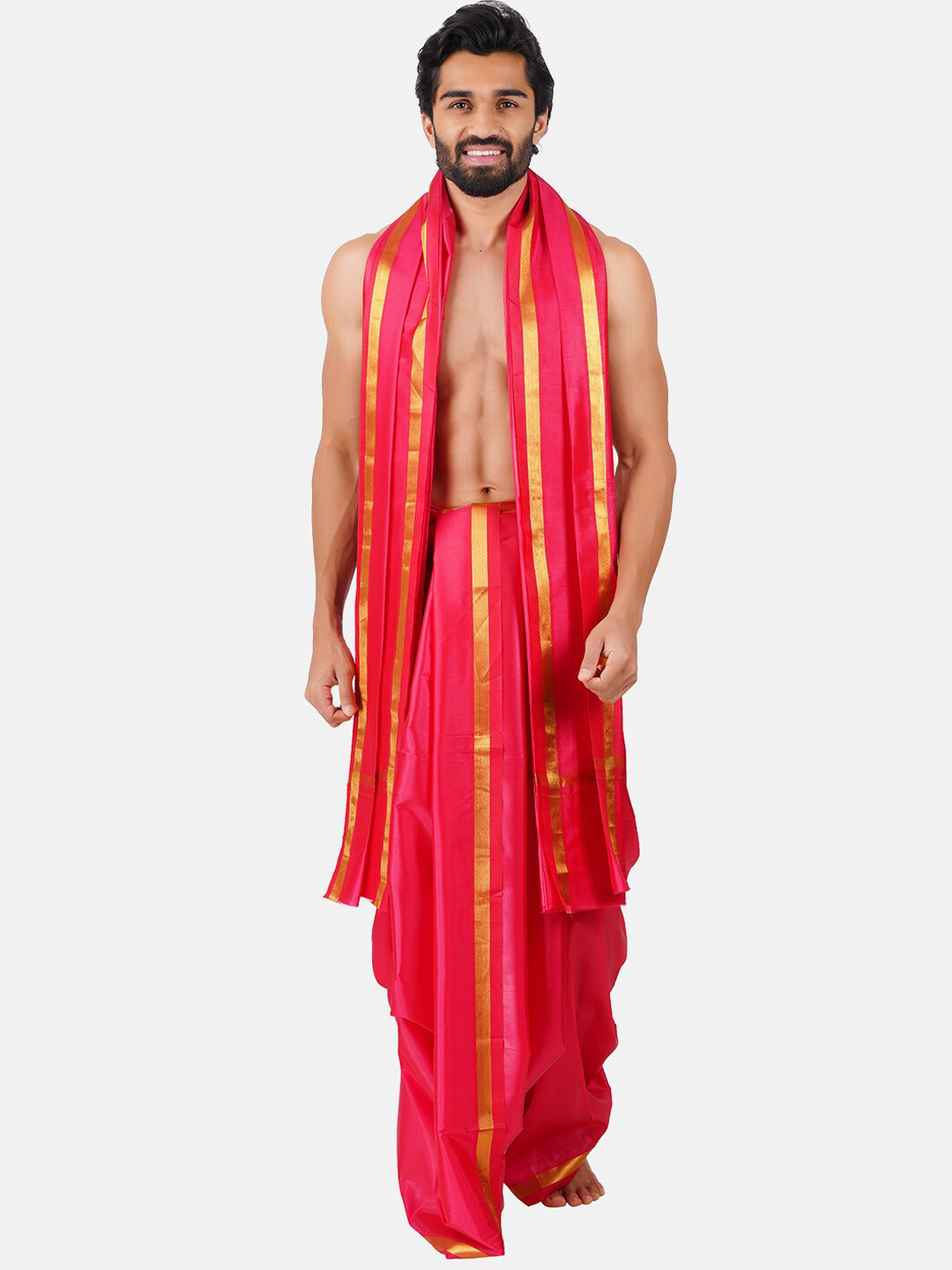 

Ramraj Art Silk Panchakacham Dhoti With Angavastram Set, Red