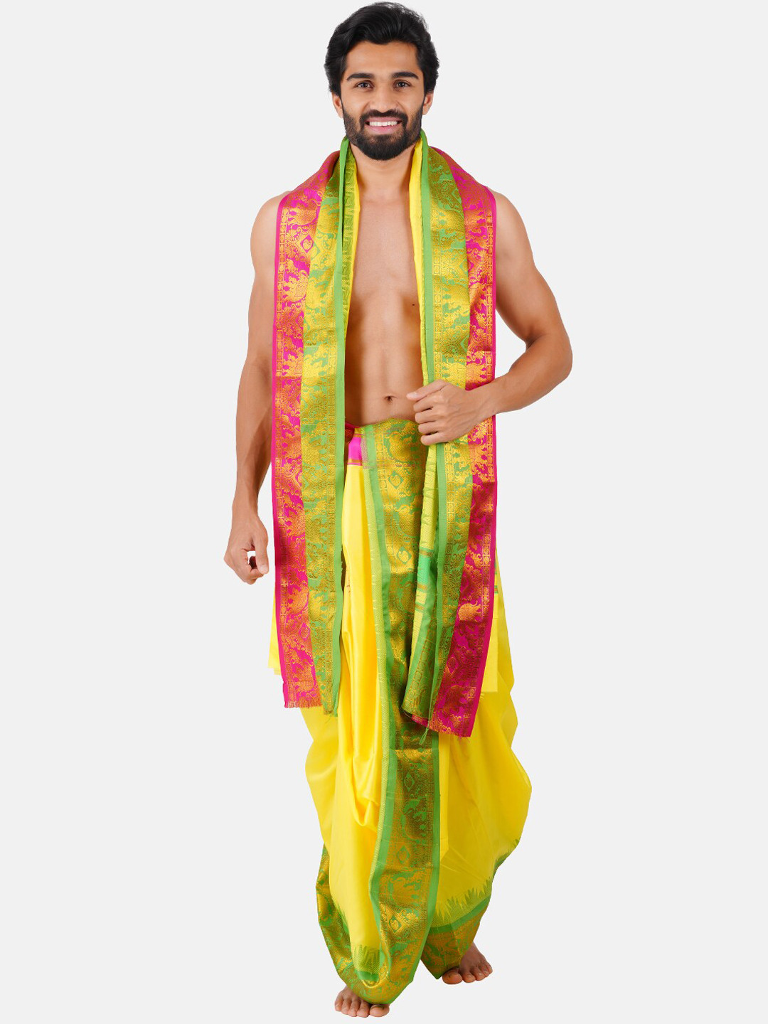 

Ramraj Art Silk Panchakacham Dhoti With Angavastram Set, Yellow