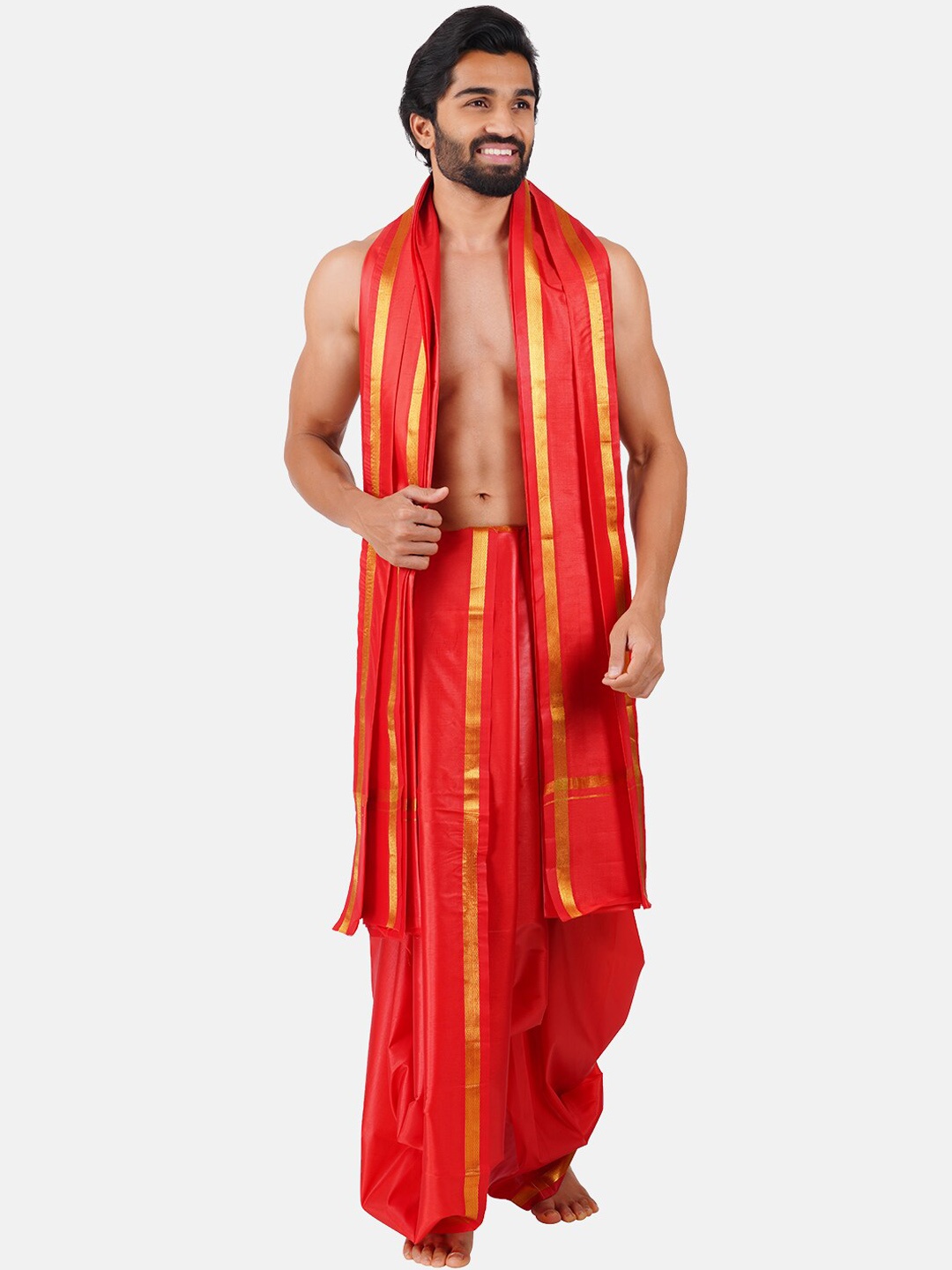 

Ramraj Art Silk Panchakacham Dhoti with Angavastram, Red