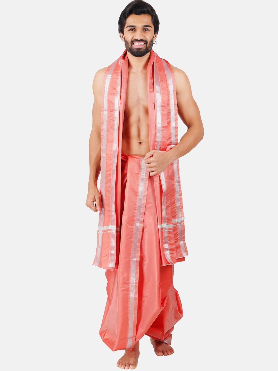 

Ramraj Panchakacham Dhoti With Angavastram Set, Peach