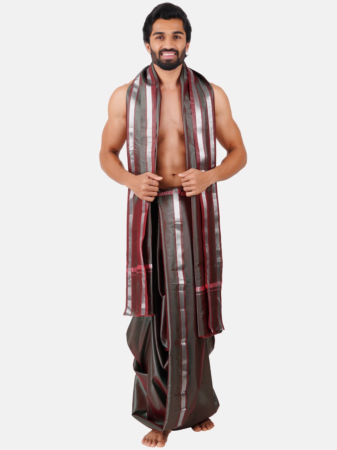 

Ramraj Men Art Silk Panchakacham Dhoti With Angavastram, Grey