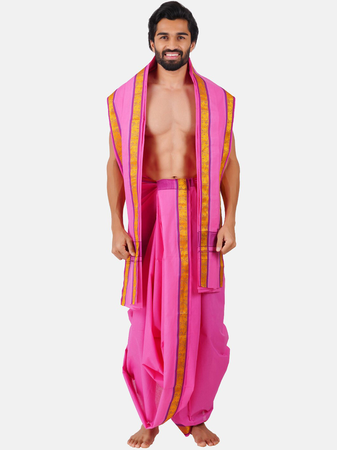 

Ramraj Panchakacham Cotton Dhoti with Angavastram, Pink