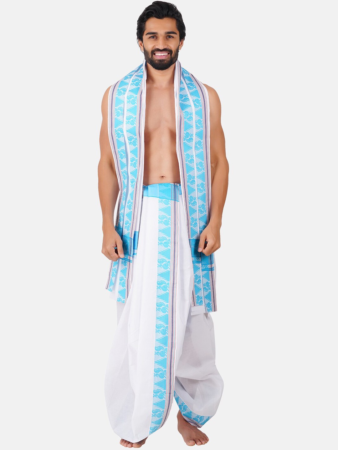 

Ramraj Panchakacham Cotton Dhoti with Angavastram, Blue