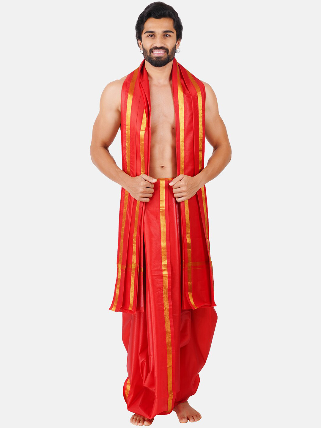 

Ramraj Art Silk Panchakacham Dhoti With Angavastram Set, Red