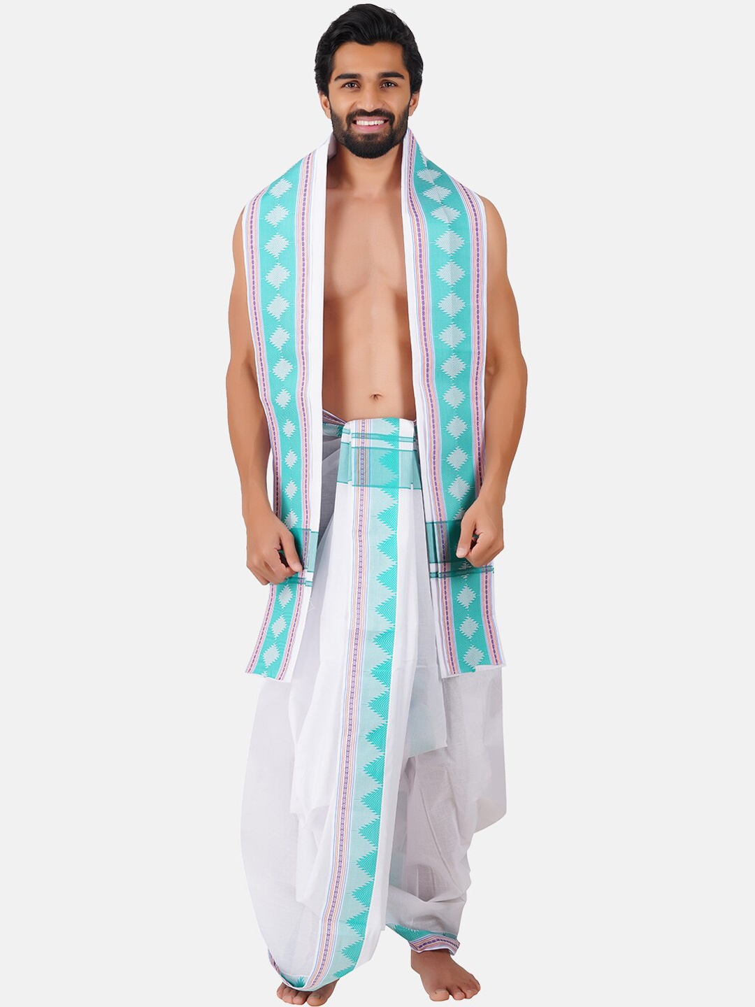 

Ramraj Printed Border Cotton Ethnic Panchakacham Dhoti With Angavastram, White