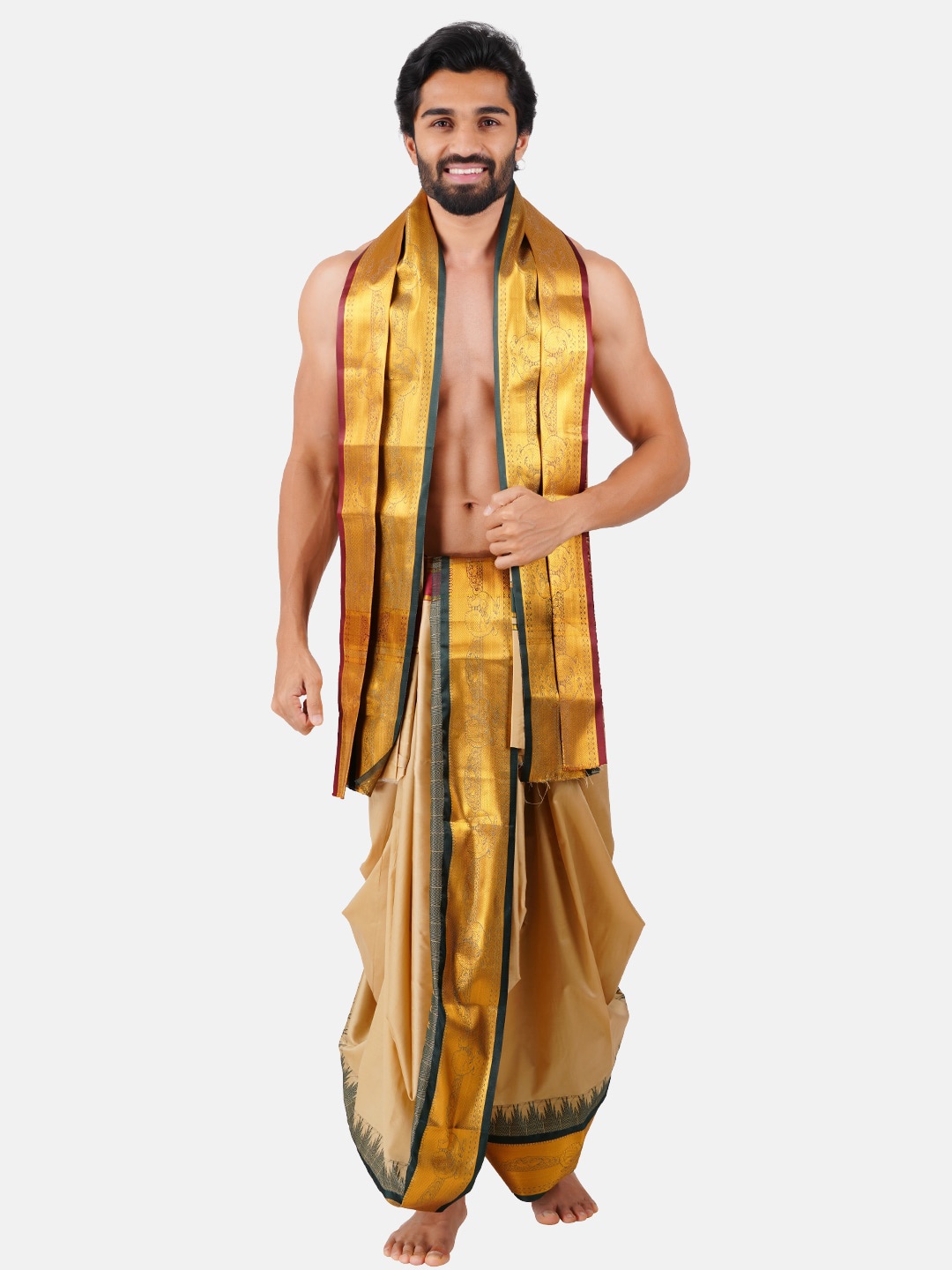 

Ramraj Art Silk Panchakacham Dhoti With Angavastram Set, Cream