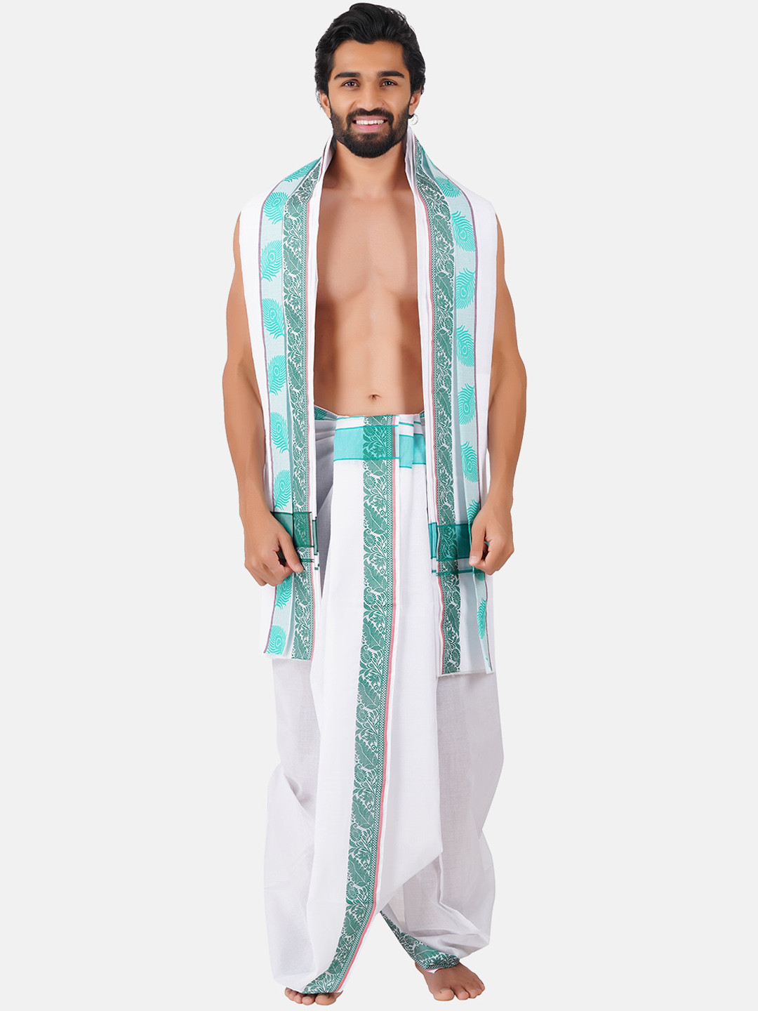 

Ramraj Panchakacham Cotton Dhoti with Angavastram, White