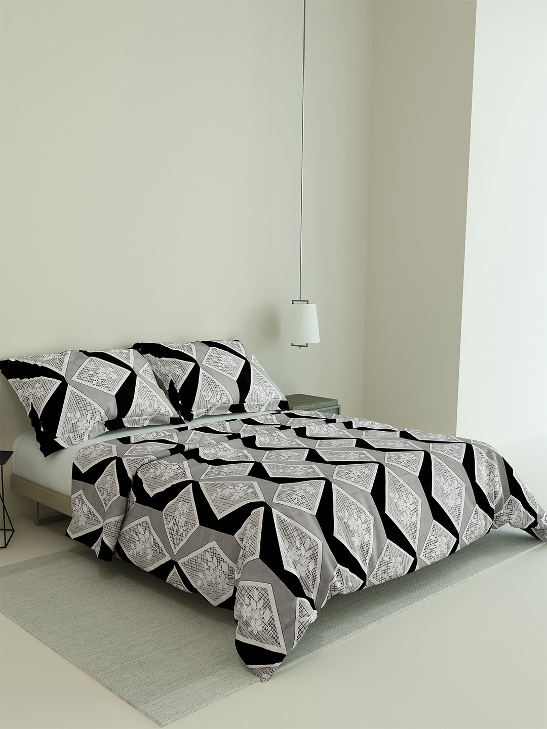 

LABHAM Retro Off White & Black Geometric Printed 180 TC King Bedsheet & 2 Pillow Covers