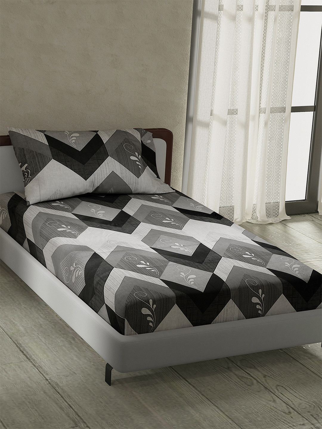 

LABHAM Retro 2023 Grey & Black Geometric 180 TC Cotton Single Bedsheet with 1 Pillow Cover