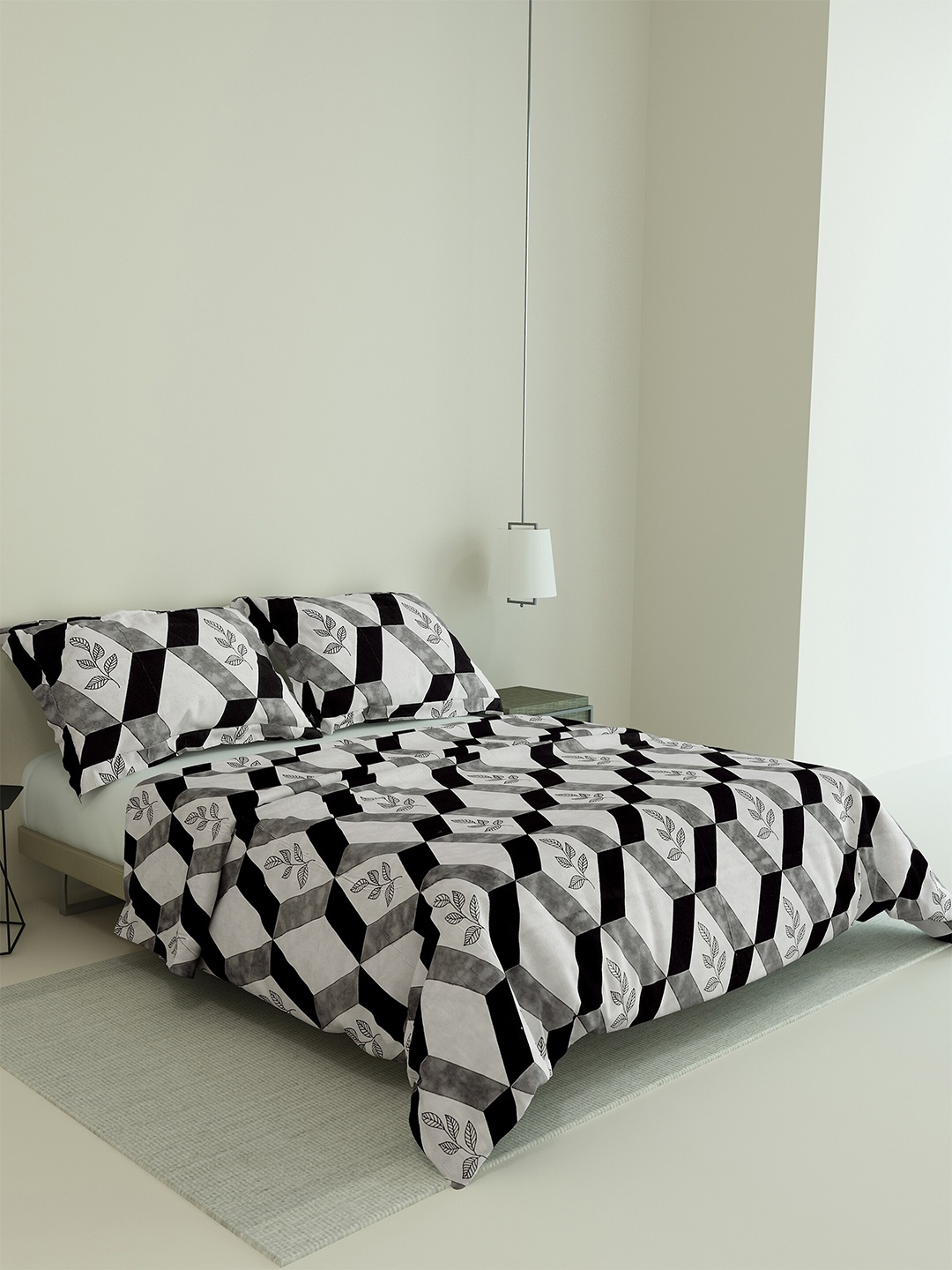 

LABHAM Retro Grey & Black Geometric 180 TC Cotton King Bedsheet With 2 Pillow Covers