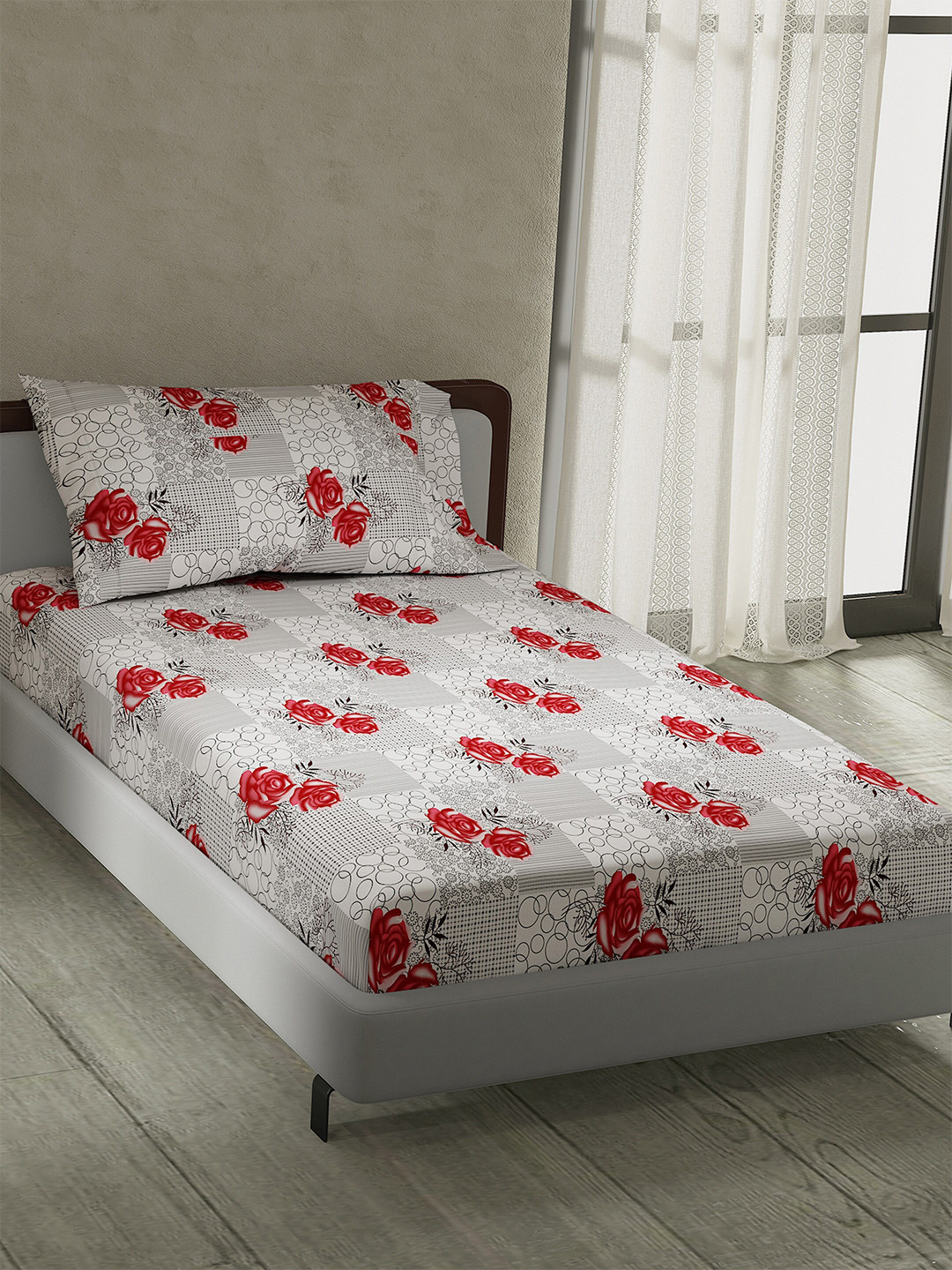 

LABHAM Retro Grey & Red Floral 180 TC Single Bedsheet With 1 Pillow Cover