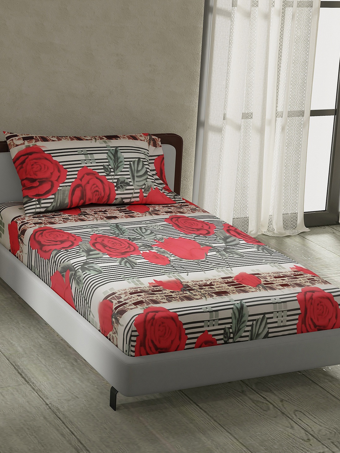 

LABHAM Rose Garden White & Red Floral 160 TC Single Bedsheet & Pillow Cover