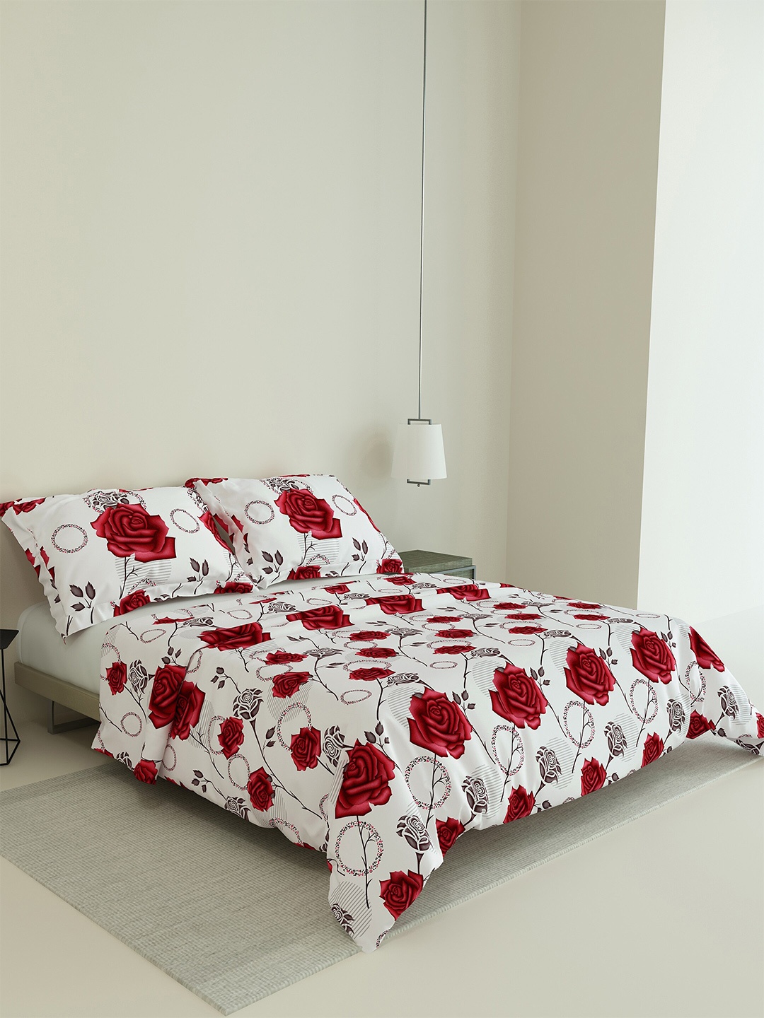 

LABHAM Rose Garden White & Red Floral 180 TC Cotton King Bedsheet With 2 Pillow Covers