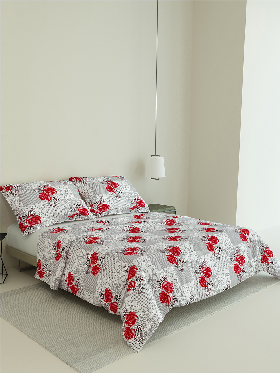 

LABHAM Rose Garden White & Red Floral 160 TC King Bedsheet & 2 Pillow Covers