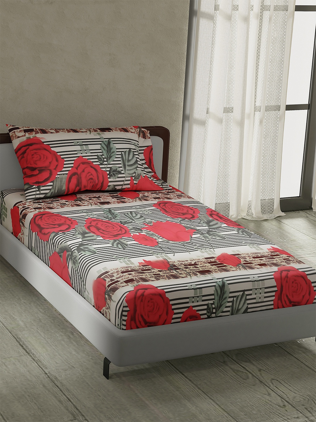 

LABHAM Rose Garden White & Red Floral 160 TC Single Bedsheet & Pillow Cover