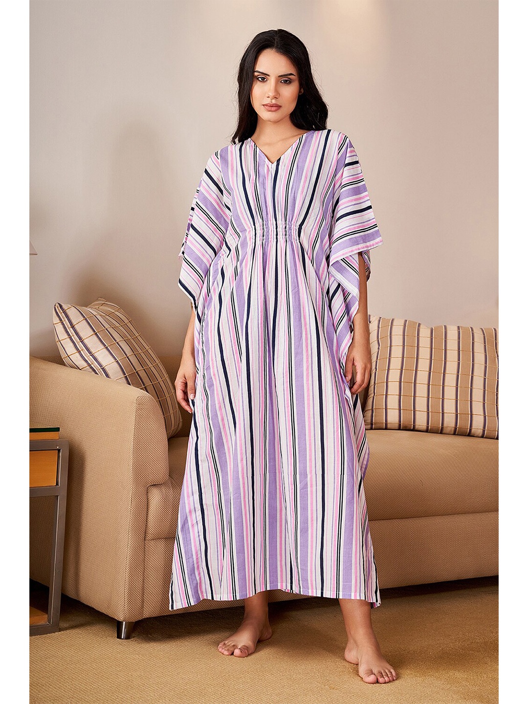 

SANSKRUTIHOMES Striped Pure Cotton Maxi Kaftan Nightdress, Lavender