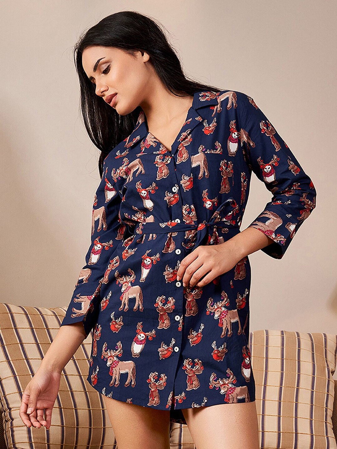 

SANSKRUTIHOMES Conversational Printed Pure Cotton Nightdress, Navy blue