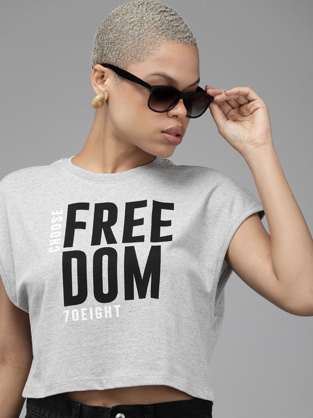 

Roadster Typography Printed Extended Sleeves Boxy T-shirt, Grey melange