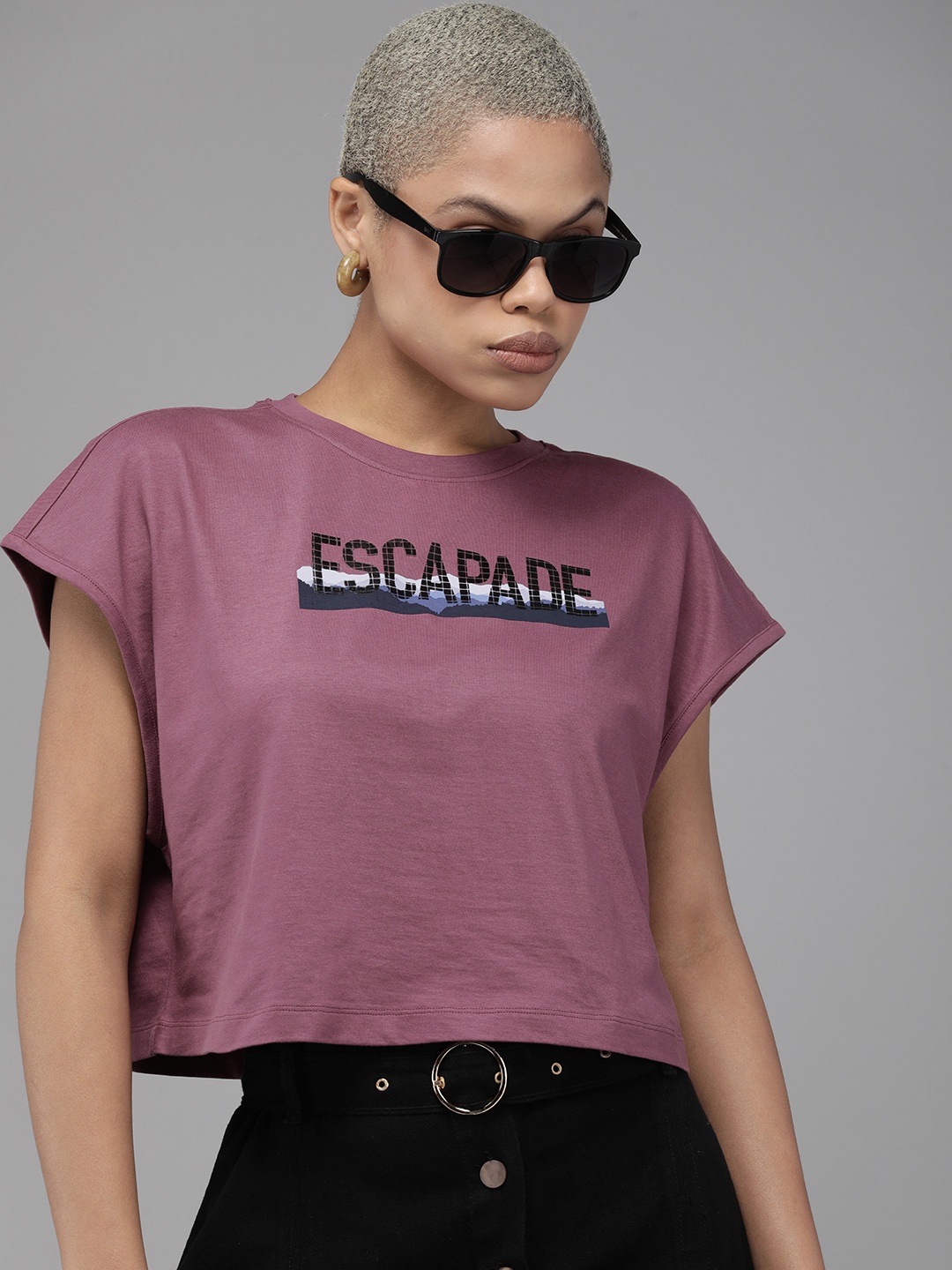 

Roadster Typography Printed Extended Sleeves Boxy T-shirt, Mauve