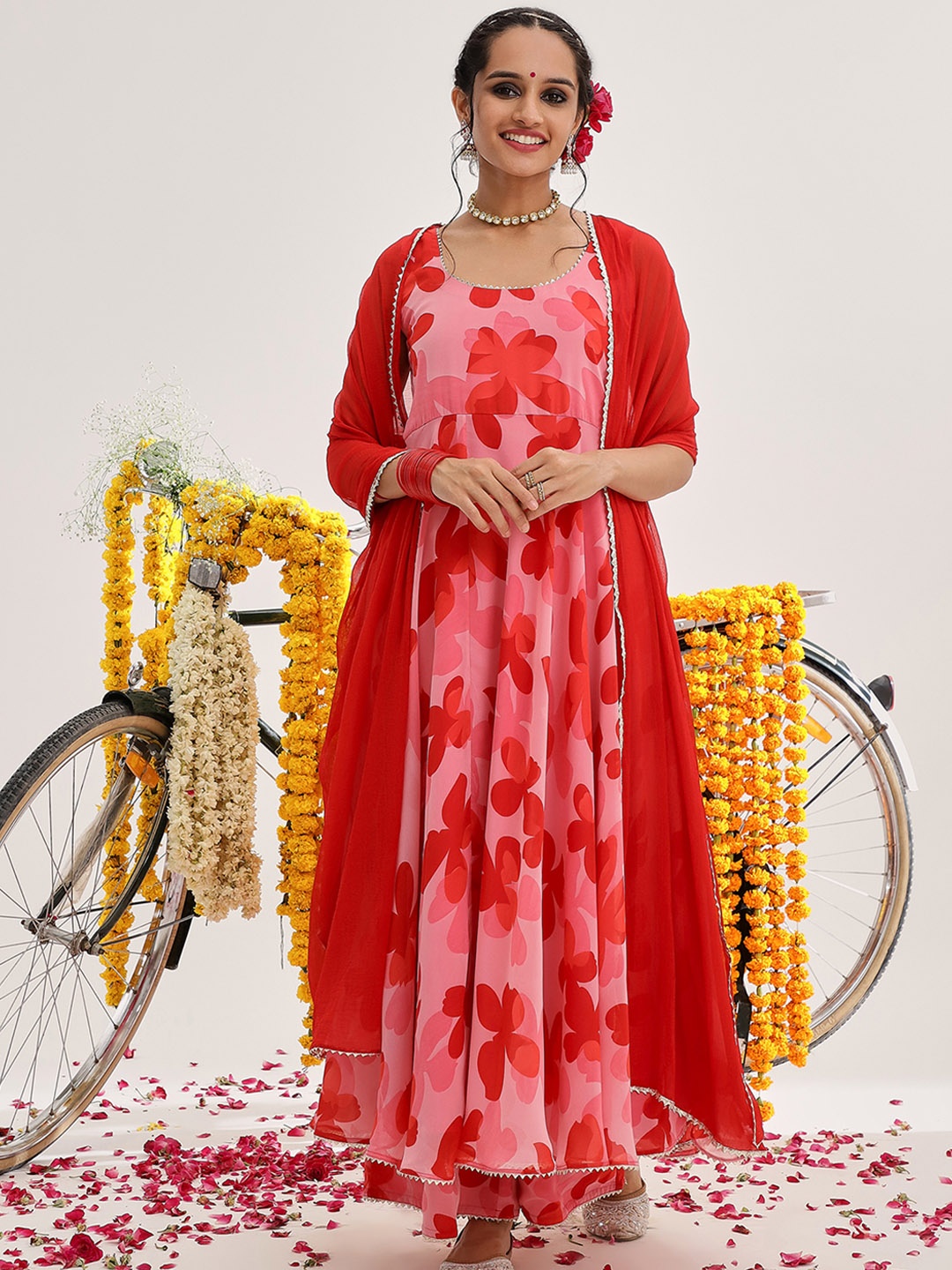 Varanga Women Floral Printed Gotta Patti Silk Georgette Kurta with Palazzos & With Dupatta, Pink