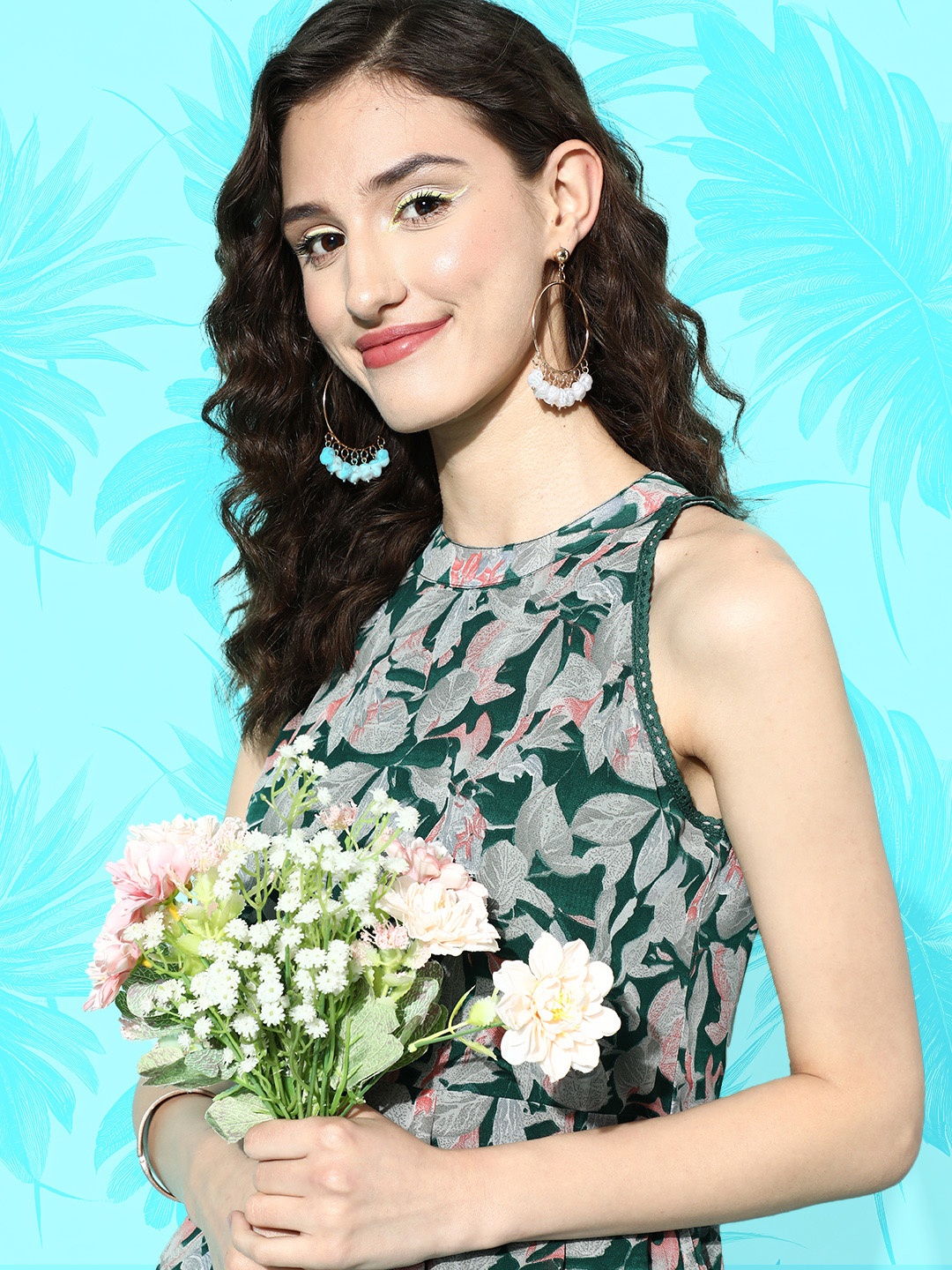 Varanga Green & Peach-Coloured Floral Print Halter Neck Georgette A-Line Dress