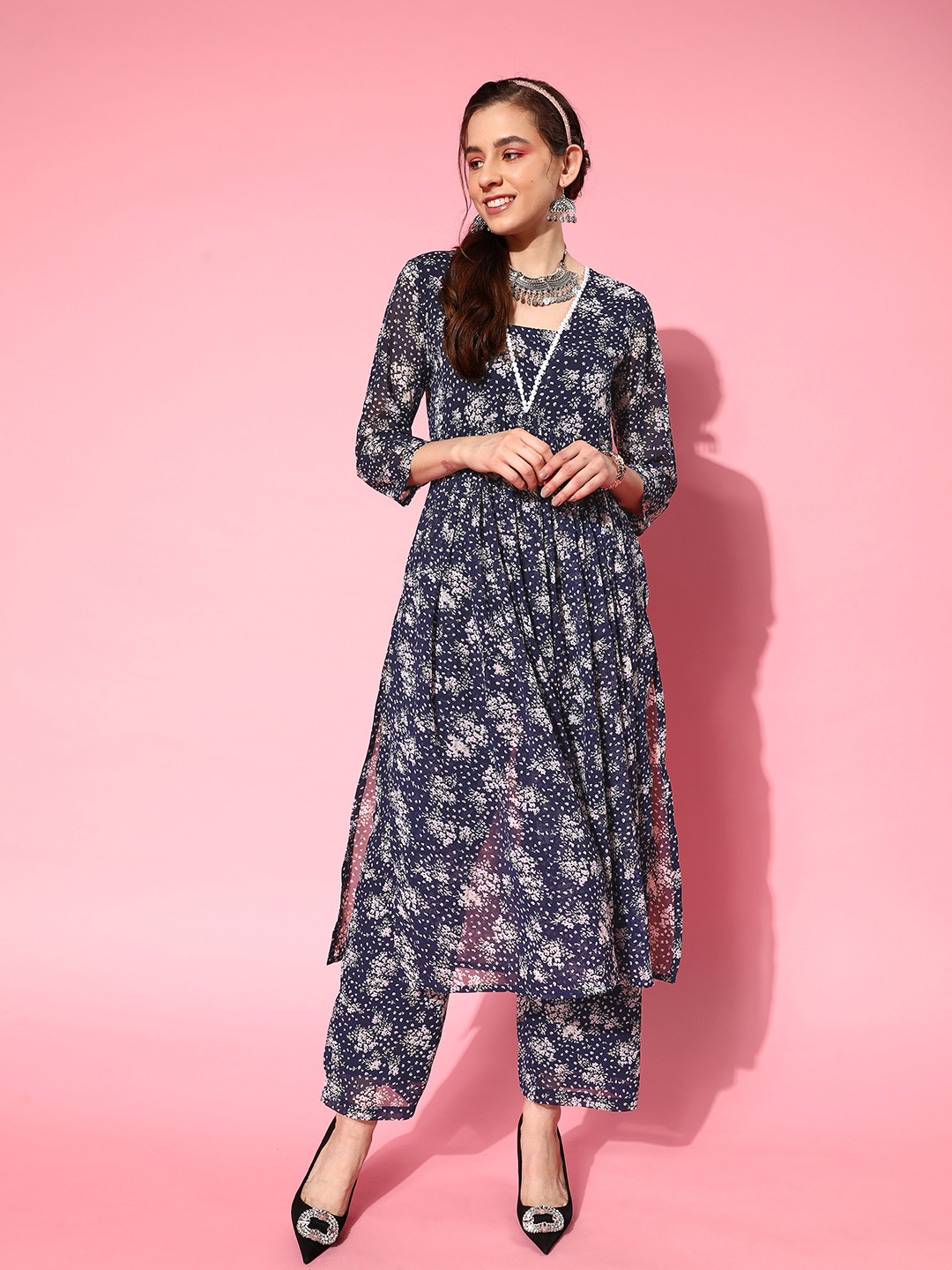 

Varanga Women Floral Printed Empire Silk Georgette Kurta with Trousers, Navy blue