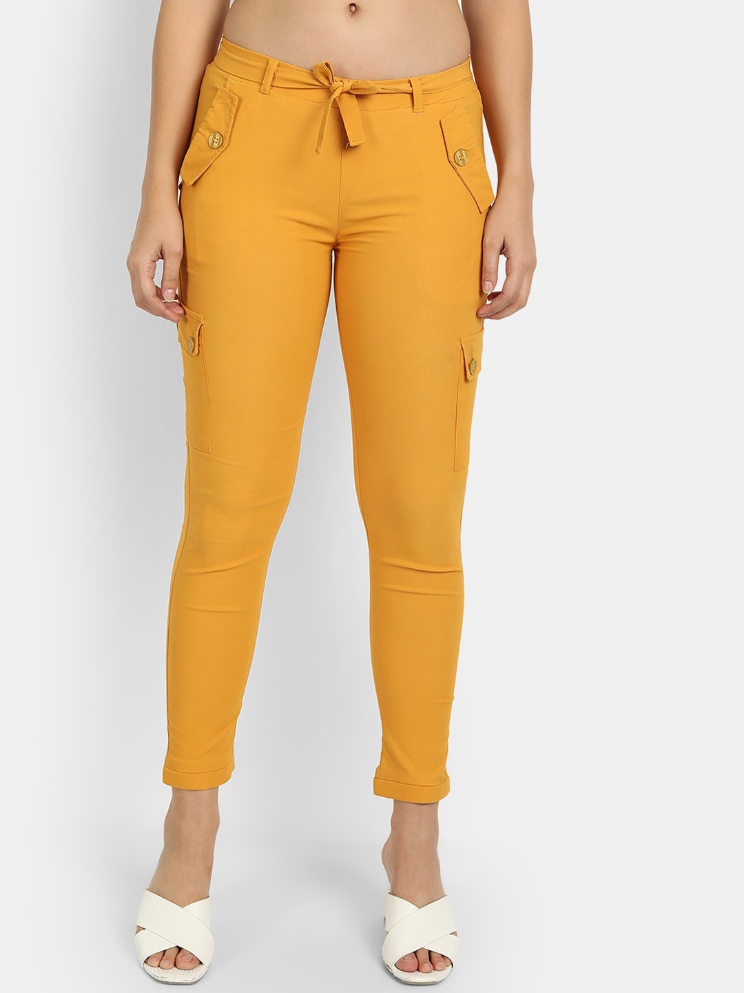 

BROADSTAR Women Smart Slim Fit Stretchable High-Rise Easy Wash Cargos Trousers, Mustard
