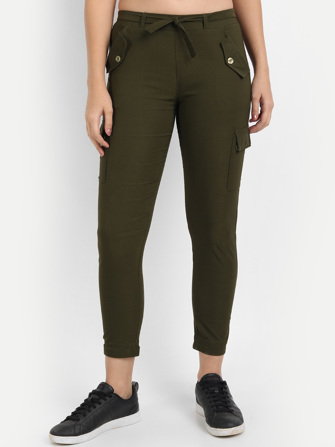 

BROADSTAR Women Smart Slim Fit Stretchable High-Rise Easy Wash Cargos Trousers, Olive