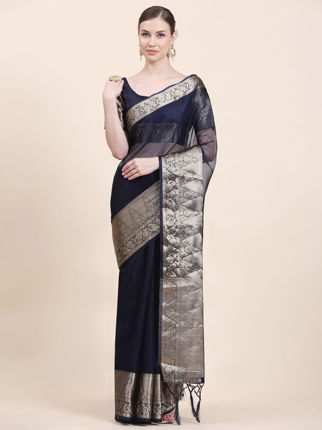 

Phenav Zari Khandua Silk Saree, Navy blue