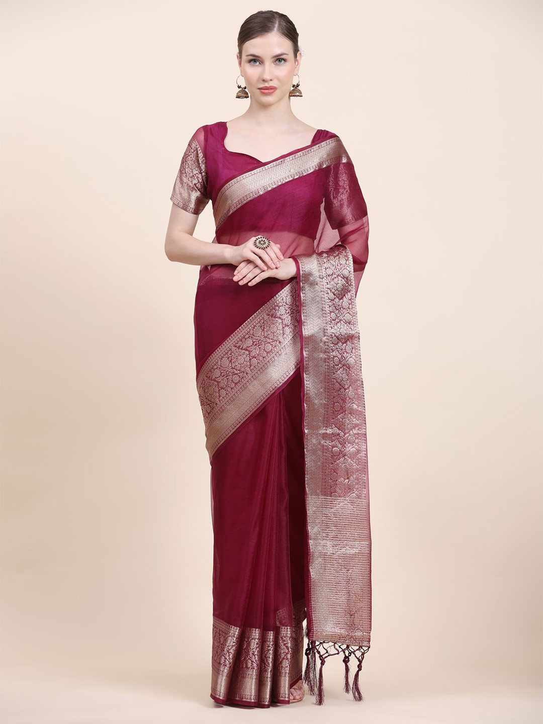 

Phenav Zari Khandua Silk Organza Saree, Pink