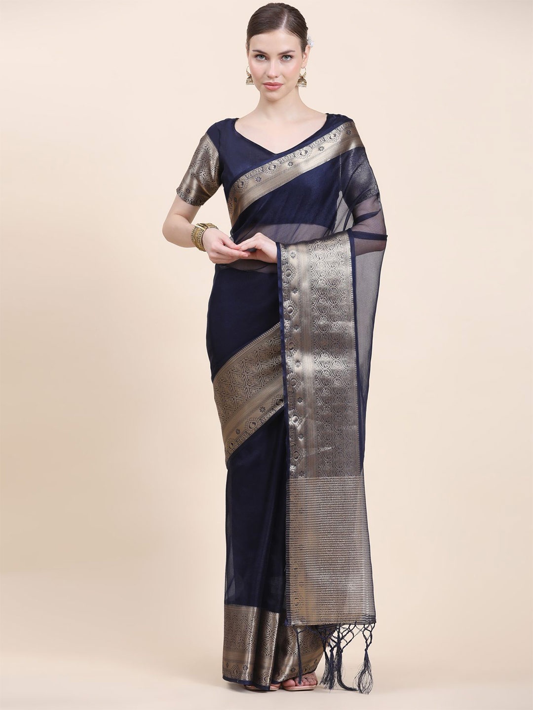 

Phenav Zari Khandua Silk Organza Saree, Navy blue