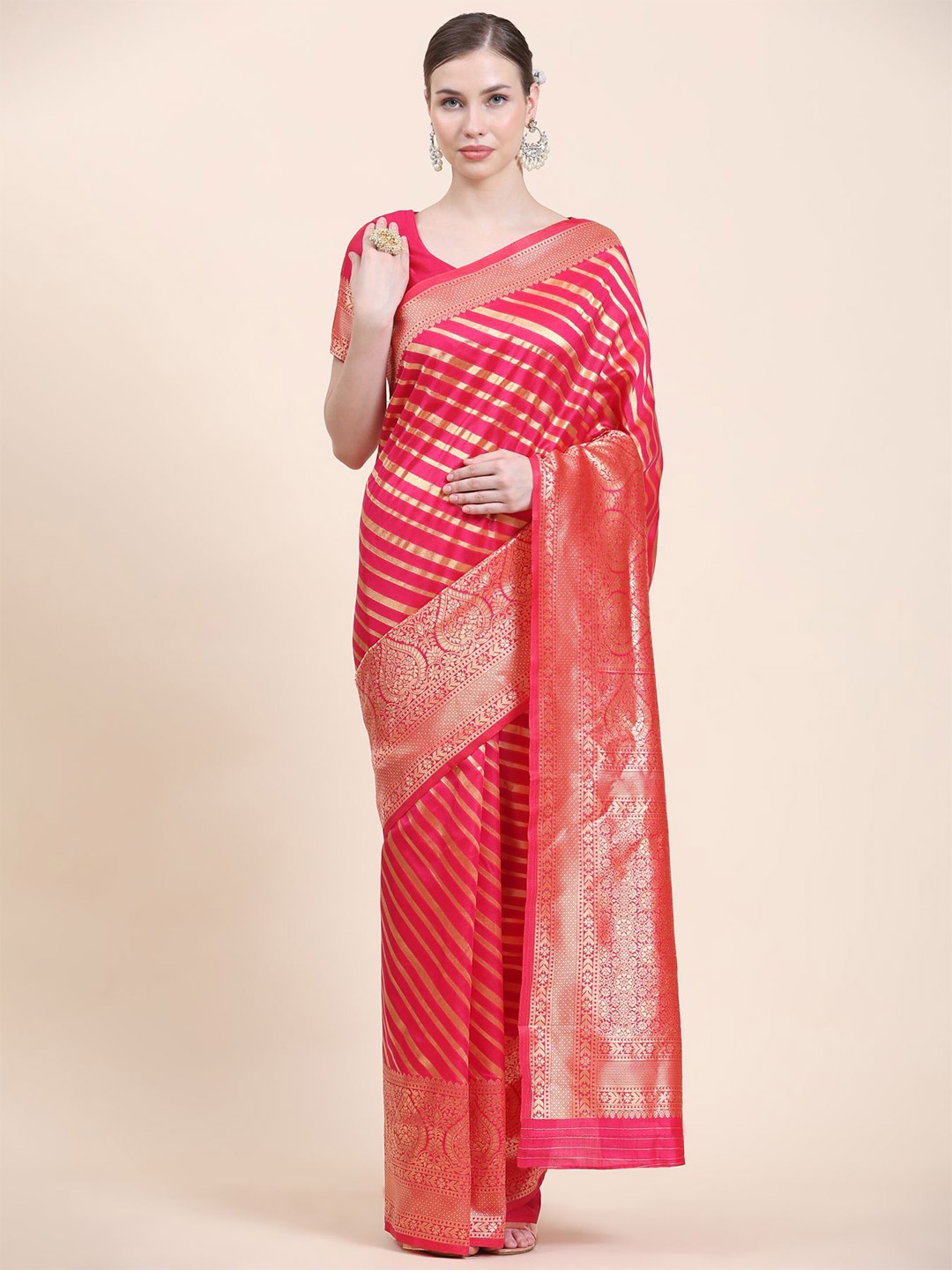 

Phenav Striped Woven Design Zari Banarasi Saree, Pink