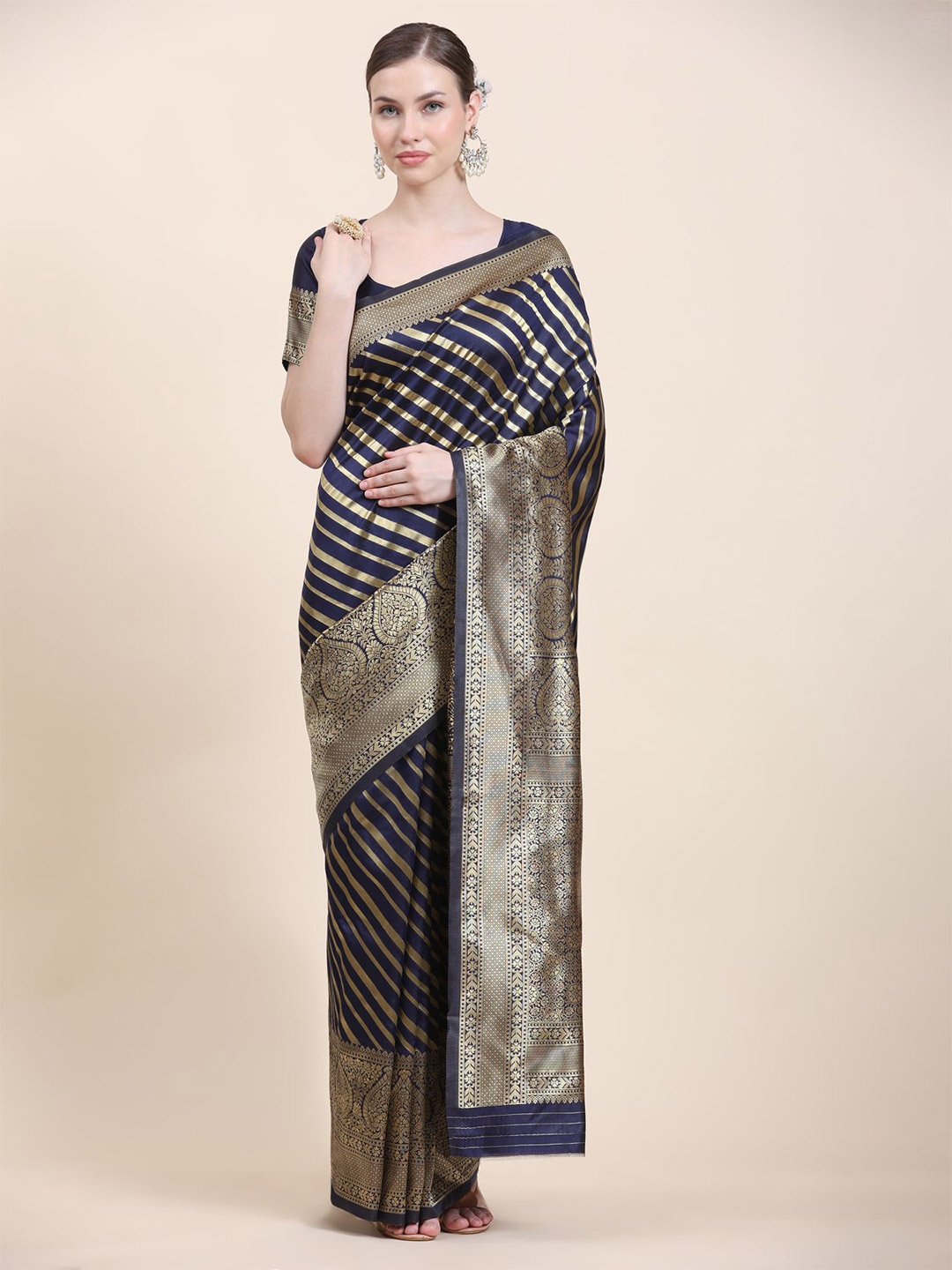 

Phenav Striped Woven Design Zari Banarasi Saree, Navy blue