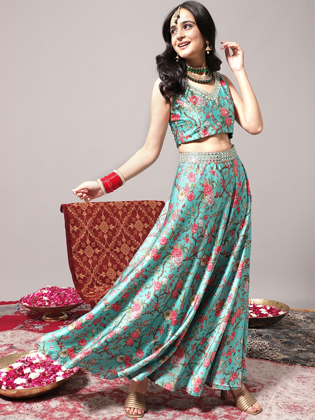 

Varanga Printed Ready To Wear Lehenga & Blouse With Dupatta, Turquoise blue