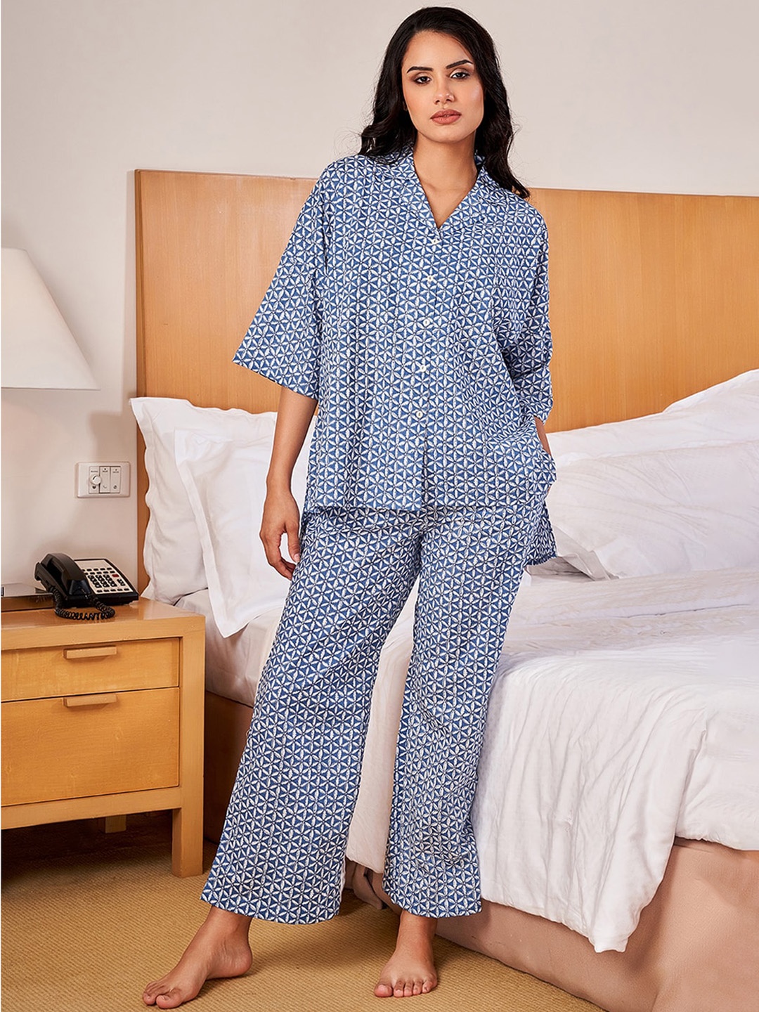 

SANSKRUTIHOMES Floral Printed Pure Cotton Night Suit, Blue
