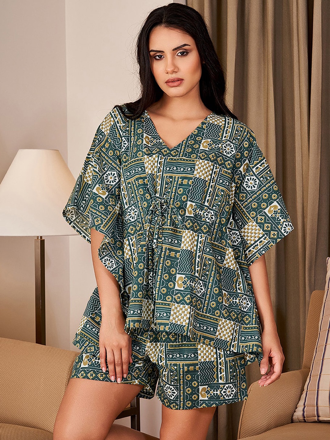 

SANSKRUTIHOMES Ethnic Motifs Printed Pure Cotton Night Suit, Green