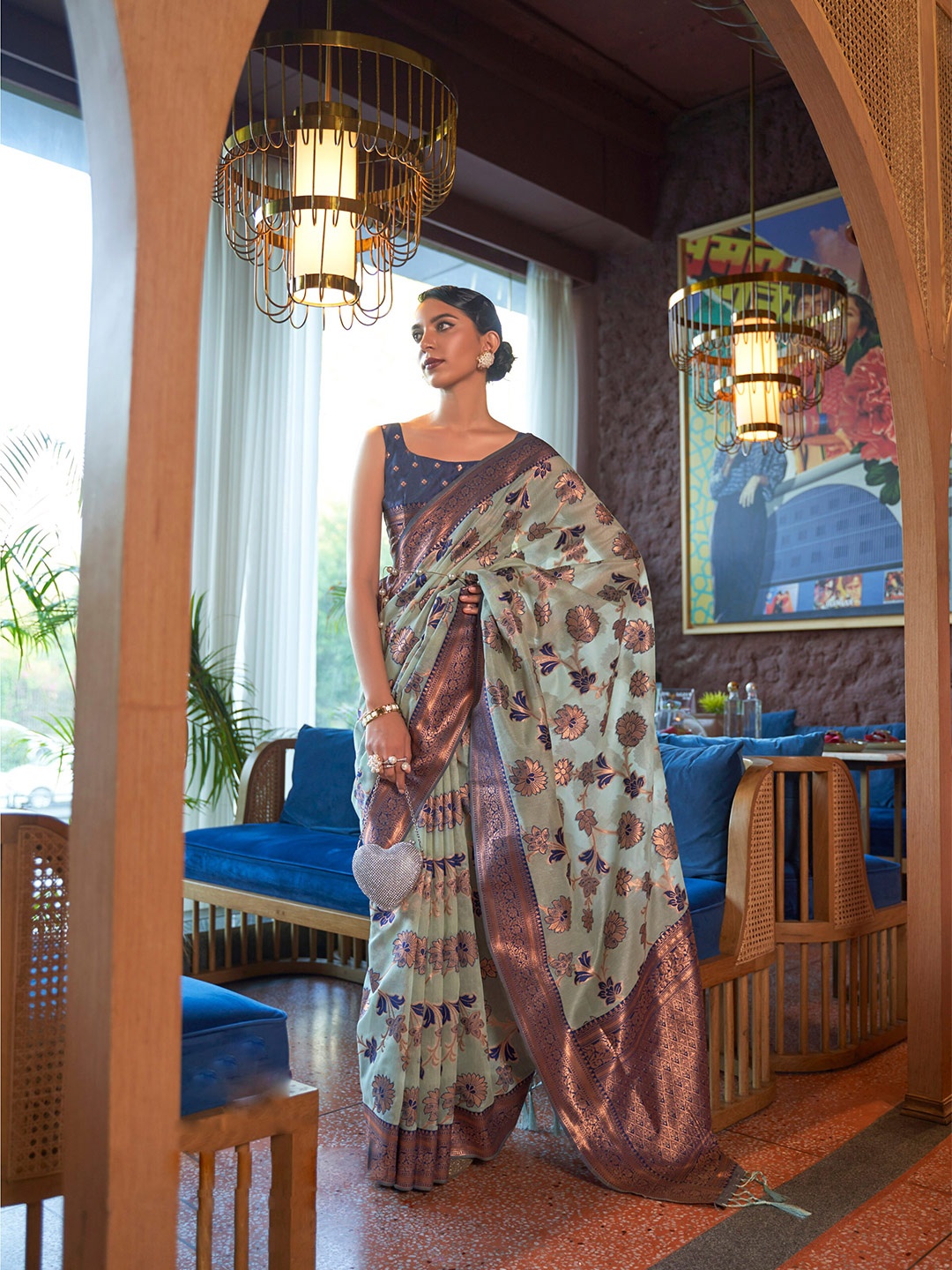 

Mitera Floral Woven Design Zari Saree, Blue