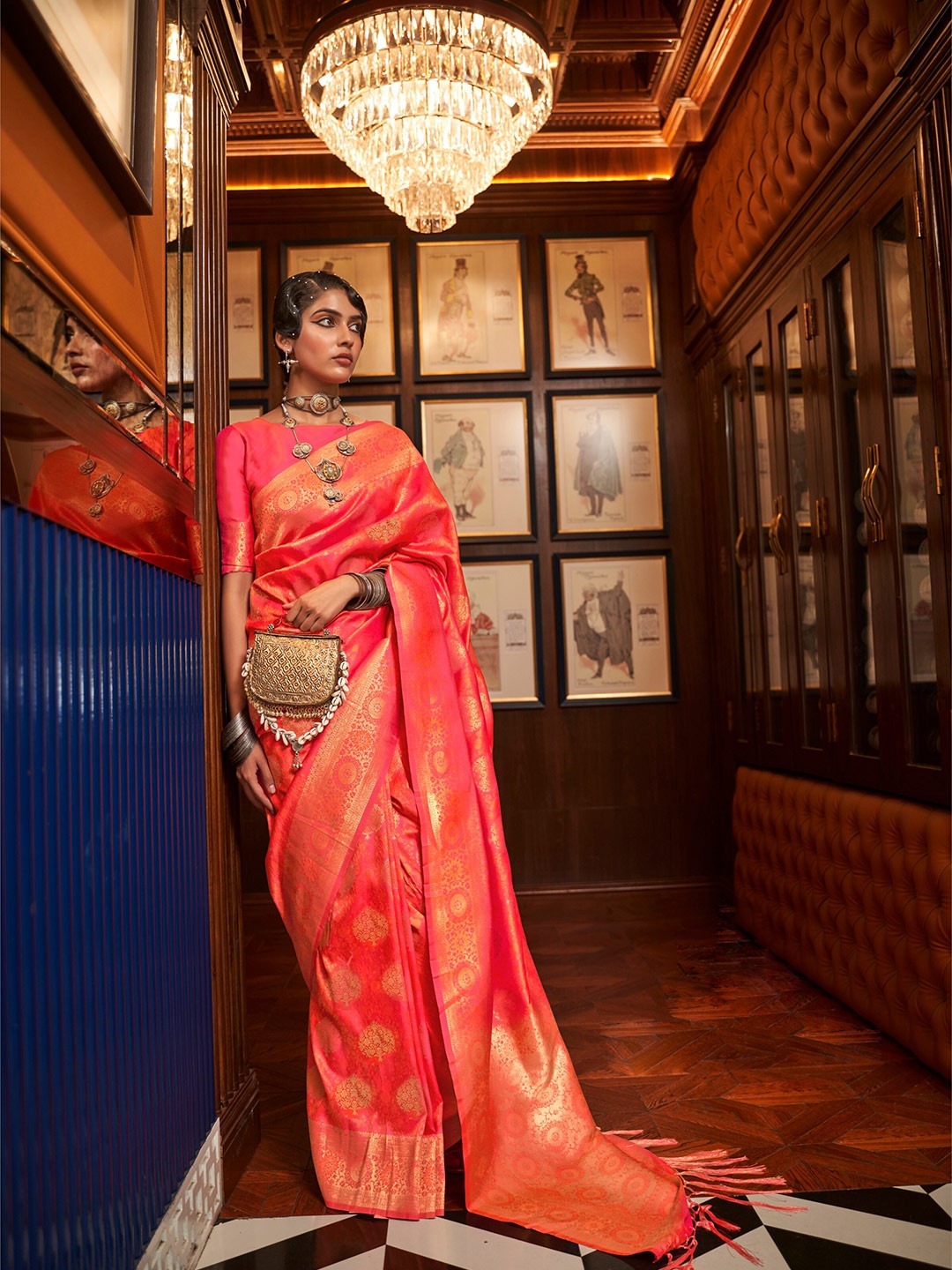 

Mitera Ethnic Motifs Woven Design Zari Silk Blend Saree, Coral